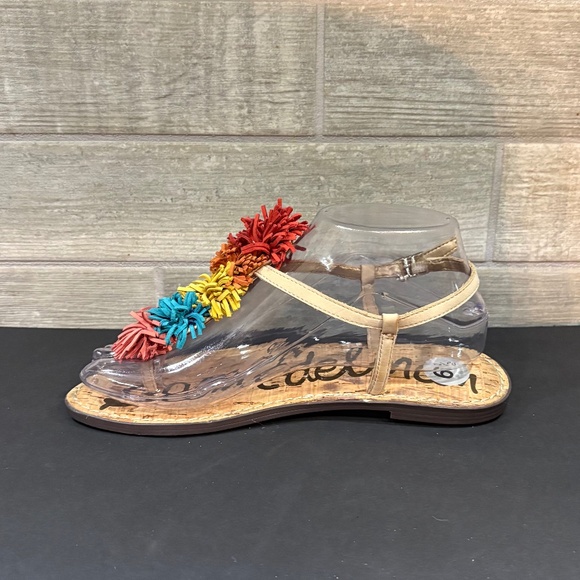 Sam Edelman Gates Leather Tan Rainbow Suede‎ Fringe T-Strap Sandals Womens 6.5M - Picture 3 of 8